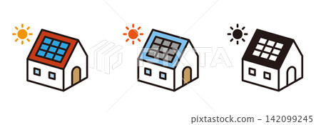 A solar panel icon. A house with solar panels. A home with self-generated power. A solar panel icon. A house with solar panels. A home with self-generated power. 142099245