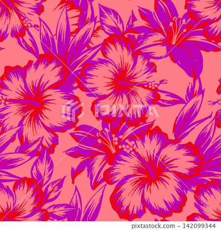 Vibrant tropical seamless pattern with brush stroke hibiscus flowers. Exotic floral background for fabric, textile, wallpaper, and summer fashion. Vibrant tropical seamless pattern with brush stroke hibiscus flowers. Exotic floral background for fabric, textile, wallpaper, and summer fashion. 142099344