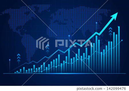 Blue Digital Bar and Line Graph with Upward Arrow over Faint World Map Blue Digital Bar and Line Graph with Upward Arrow over Faint World Map 142099476