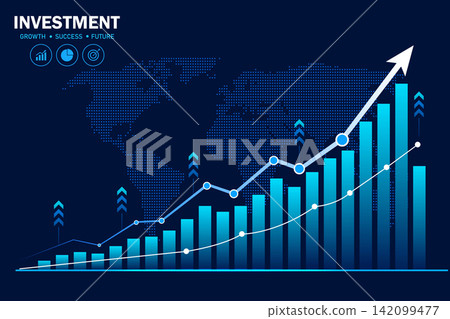 Global Financial Success: Blue Bar and Line Graph with Upward Arrows over World Map Background 142099477