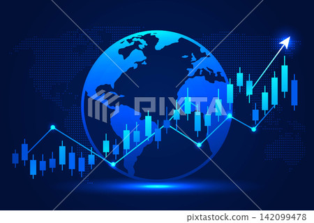 Candlestick Chart and Upward Arrow on Dark Blue World Map 142099478