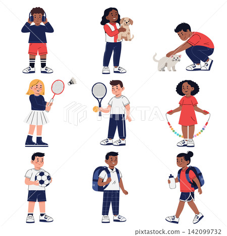 This is a set of vector illustrations depicting children engaged in various sports and outdoor activities This is a set of vector illustrations depicting children engaged in various sports and outdoor activities 142099732