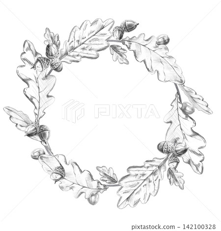 Flying oak leaves and acorns in a round frame. Isolated pencil illustration is perfect for cards, invitations, seasonal decorations, and logo design for craft supplies. Flying oak leaves and acorns in a round frame. Isolated pencil illustration is perfect for cards, invitations, seasonal decorations, and logo design for craft supplies. 142100328