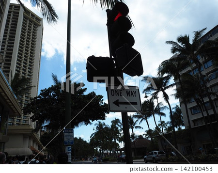 One-way sign on a street corner lined with palm trees One-way sign on a street corner lined with palm trees 142100453