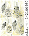 A postcard-sized four-panel comic strip featuring a slender mackerel tabby cat and a plump tortoiseshell cat. 142100460