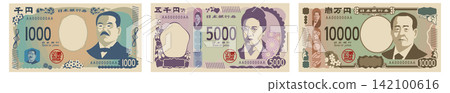 一些面額為1000日元、5000日元和10000日元的紙幣。 一些面額為1000日元、5000日元和10000日元的紙幣。 142100616