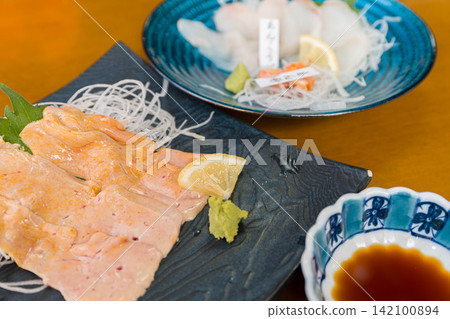 Anglerfish sashimi, a specialty of Kitaibaraki Anglerfish sashimi, a specialty of Kitaibaraki 142100894