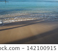 The shadows of palm trees stretch across the sandy beach and waves of a tropical paradise. 142100915