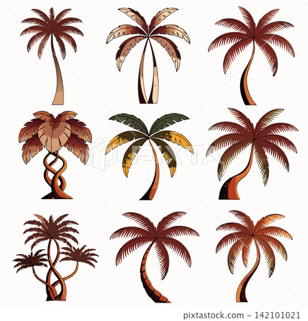 This is a collection of stylized palm tree illustrations depicting tropical and exotic natural elements in various color schemes This is a collection of stylized palm tree illustrations depicting tropical and exotic natural elements in various color schemes 142101021
