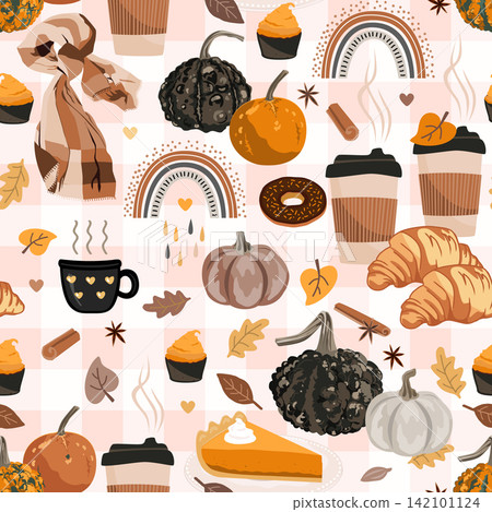 Hand drawn Fall seamless pattern with Autumn sweets, cute pumpkins, and Autumn leaves on gingham background. Vector illustration Hand drawn Fall seamless pattern with Autumn sweets, cute pumpkins, and Autumn leaves on gingham background. Vector illustration 142101124