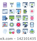 Coding and programming icon set featuring web development, software, database, security, and coding tools in colorful flat style Ideal for technology, software, apps, and developer projects 142101435