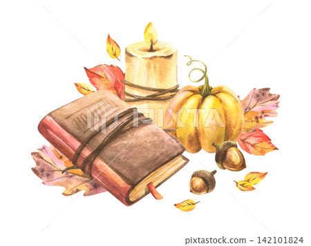 Autumn watercolor still life with closed book, pumpkin, acorns, candle, and fallen leaves for seasonal harvest decor and cozy fall design Autumn watercolor still life with closed book, pumpkin, acorns, candle, and fallen leaves for seasonal harvest decor and cozy fall design 142101824