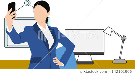 當一位女商人用智慧型手機自拍時，她的背影被描繪出來。 142101906