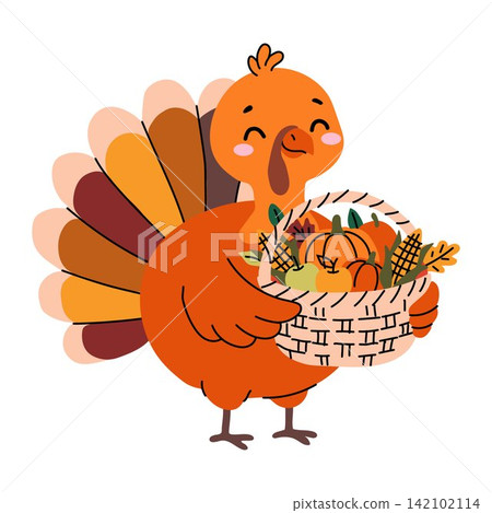 Cartoon Turkey Carrying Pumpkin and Autumn Vegetables Cartoon Turkey Carrying Pumpkin and Autumn Vegetables 142102114
