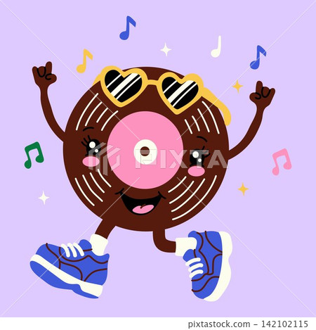 Retro Music Mascot Dancing with Colorful Notes 142102115