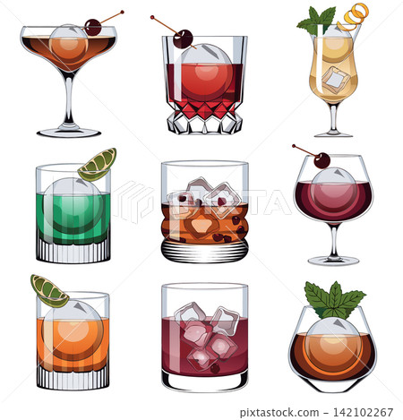 This is a vector illustration depicting various cocktails in a stylized artistic format This is a vector illustration depicting various cocktails in a stylized artistic format 142102267