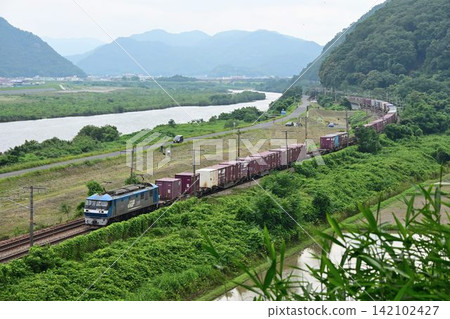 以岡山縣的大河吉井川為背景,在山陽公路上快速行駛的長長的貨運列車。 以岡山縣的大河吉井川為背景,在山陽公路上快速行駛的長長的貨運列車。 142102427