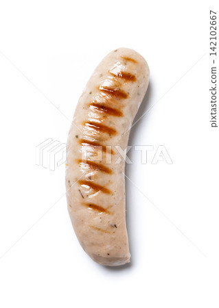 Grilled white sausages isolated on white background Grilled white sausages isolated on white background 142102667