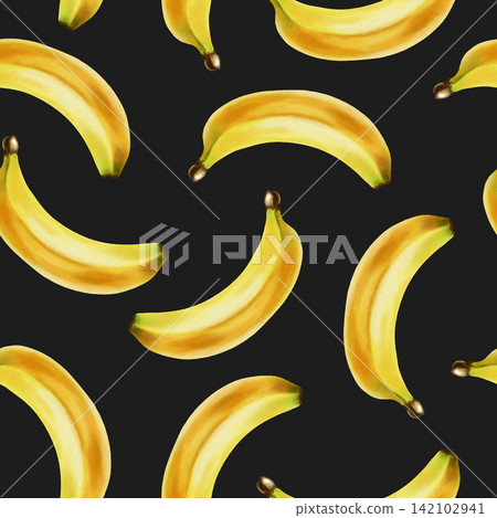 Seamless watercolor pattern featuring a single yellow banana and bunches of bananas. Perfect for textiles, wallpaper, summer food packaging, kitchen decor, and cafe menus. Seamless watercolor pattern featuring a single yellow banana and bunches of bananas. Perfect for textiles, wallpaper, summer food packaging, kitchen decor, and cafe menus. 142102941