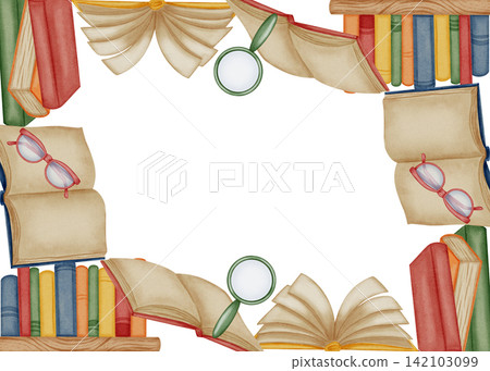 Watercolor back to school frame with vintage books, glasses and magnifying glass. Hand drawn library border for student knowledge concept. Watercolor back to school frame with vintage books, glasses and magnifying glass. Hand drawn library border for student knowledge concept. 142103099