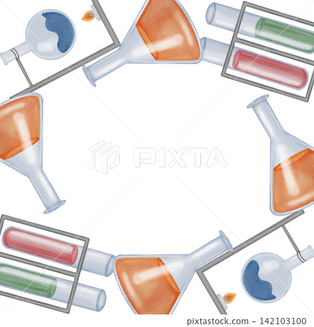 Watercolor science and chemistry frame with flasks, test tubes and burners. Hand drawn classroom education border isolated on white background Watercolor science and chemistry frame with flasks, test tubes and burners. Hand drawn classroom education border isolated on white background 142103100