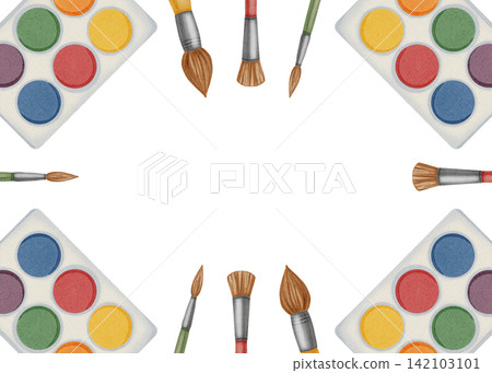Watercolor art school frame with paint palettes and brushes. Hand drawn creative student stationery border isolated on white background with copy space. 142103101
