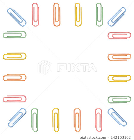 Watercolor back to school frame made of colorful paper clips. Hand drawn office stationery border isolated on white background, copy space. Watercolor back to school frame made of colorful paper clips. Hand drawn office stationery border isolated on white background, copy space. 142103102