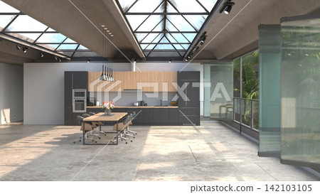 Modern industrial kitchen and dining area with skylights, wood cabinets, and glass doors opening to tropical plants. Modern industrial kitchen and dining area with skylights, wood cabinets, and glass doors opening to tropical plants. 142103105