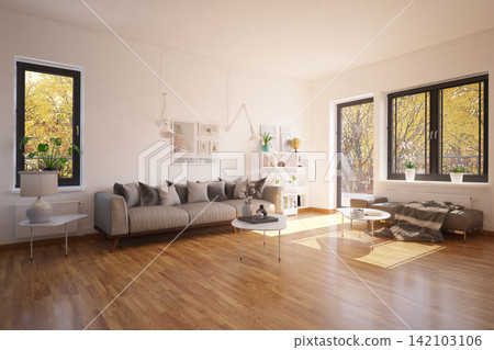 Bright modern living room interior with a grey sofa, hardwood floors, and large windows showing autumn trees outside. Bright modern living room interior with a grey sofa, hardwood floors, and large windows showing autumn trees outside. 142103106