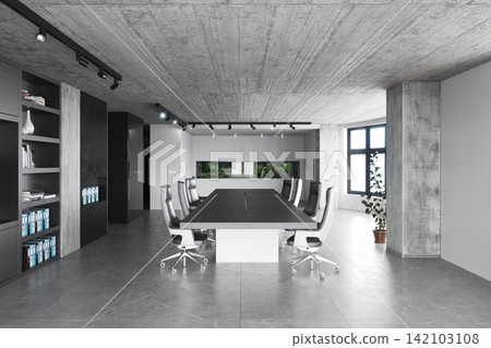Modern industrial conference room with concrete ceiling, large dark table, office chairs, and a built-in plant terrarium. Modern industrial conference room with concrete ceiling, large dark table, office chairs, and a built-in plant terrarium. 142103108