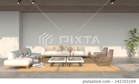Modern outdoor patio living area with a white sofa, wicker chairs, coffee tables, woven rug, and a blank white wall. Modern outdoor patio living area with a white sofa, wicker chairs, coffee tables, woven rug, and a blank white wall. 142103109