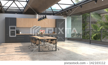 3D render of a modern open-plan kitchen and dining area with a glass roof, concrete floor, and dark wood cabinetry. 3D render of a modern open-plan kitchen and dining area with a glass roof, concrete floor, and dark wood cabinetry. 142103112