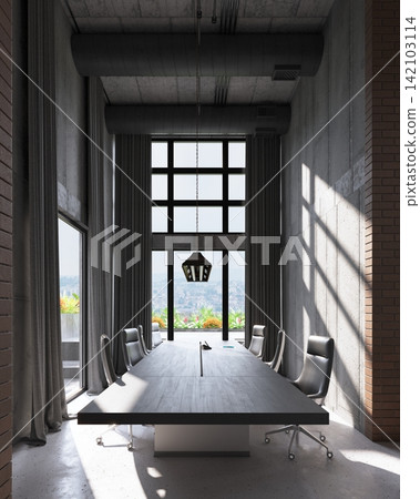 3D render of a modern industrial boardroom with a long table, black leather chairs, concrete walls, and city view. 3D render of a modern industrial boardroom with a long table, black leather chairs, concrete walls, and city view. 142103114