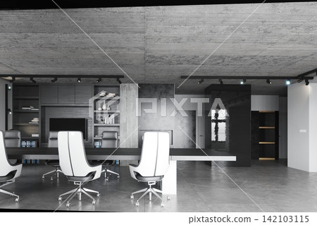 3D render of a modern conference room with a dark table, white chairs, concrete ceiling, and built-in shelving. 142103115