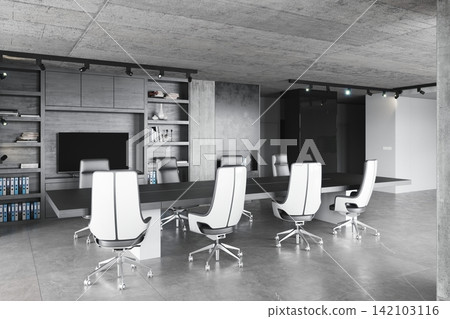 3D render of a spacious corporate boardroom featuring a long table, white ergonomic chairs, and concrete architecture. 3D render of a spacious corporate boardroom featuring a long table, white ergonomic chairs, and concrete architecture. 142103116