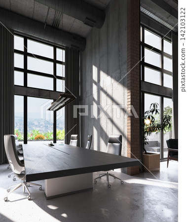 3D render of an industrial conference room with a long dark table, office chairs, concrete walls, and large windows. 3D render of an industrial conference room with a long dark table, office chairs, concrete walls, and large windows. 142103122