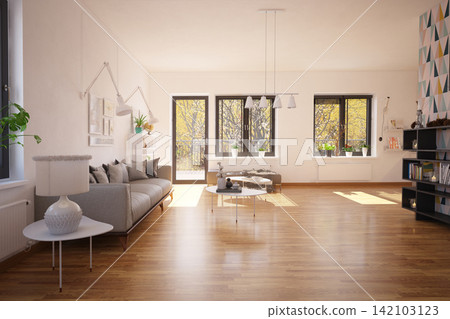 3D render of a modern living room with a grey sofa, hardwood floors, geometric wallpaper, and large windows. 142103123