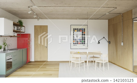 3D render of a modern dining and kitchen area with a red refrigerator, wooden table, and exposed concrete ceiling. 3D render of a modern dining and kitchen area with a red refrigerator, wooden table, and exposed concrete ceiling. 142103125