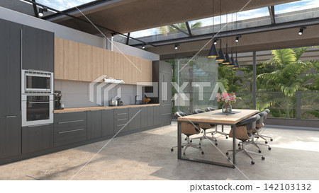 3D render of a modern kitchen and dining area with dark cabinets, a wooden table, and a glass wall facing palm trees. 3D render of a modern kitchen and dining area with dark cabinets, a wooden table, and a glass wall facing palm trees. 142103132