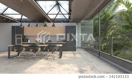 3D render of a modern kitchen and dining room with an open glass wall revealing a lush tropical garden with palm trees. 3D render of a modern kitchen and dining room with an open glass wall revealing a lush tropical garden with palm trees. 142103133
