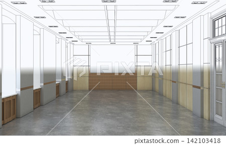 visualization of a large empty interior, 3D illustration visualization of a large empty interior, 3D illustration 142103418
