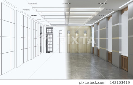 visualization of a large empty interior, 3D illustration visualization of a large empty interior, 3D illustration 142103419
