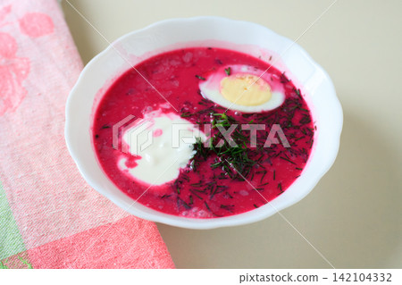Saltibarsciai Traditional Cold Beet Soup with Fresh Herbs and Boiled Half Egg Saltibarsciai Traditional Cold Beet Soup with Fresh Herbs and Boiled Half Egg 142104332
