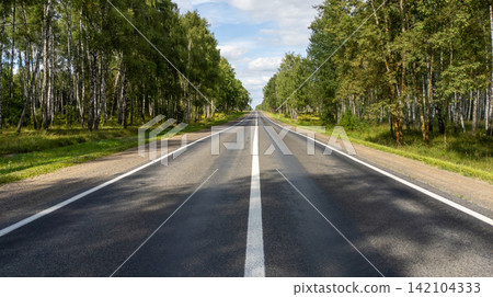 Asphalt road and white continuous marking line going through a dense forest on a sunny day. Road trip, transportation infrastructure, Asphalt road and white continuous marking line going through a dense forest on a sunny day. Road trip, transportation infrastructure, 142104333