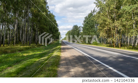 Paved road with solid white markings runs through a dense forest on a sunny summer day. Road trip, transportation infrastructure, Paved road with solid white markings runs through a dense forest on a sunny summer day. Road trip, transportation infrastructure, 142104336