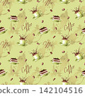 Seamless pattern of coffee and desserts on a pistachio-colored background. A pattern suitable for kitchen textiles, packaging and menu design, and coffee shop or restaurant decor. 142104516