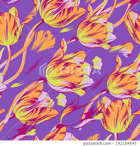 Artistic seamless floral pattern with painted orange tulip flowers, expressive brush strokes, and leaves on purple backdrop. Vector illustration. 142104645