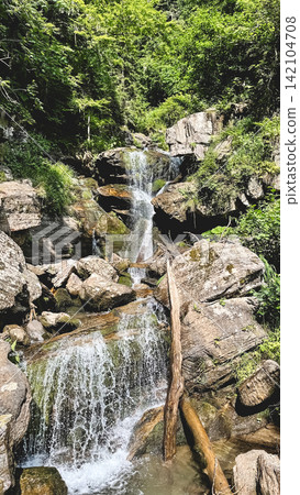Cascading mountain waterfall flowing through a lush forest 142104708