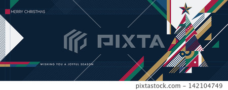 Merry Christmas greeting banner with abstract geometric Christmas tree on navy blue background modern retro style horizontal template have blank space. 142104749