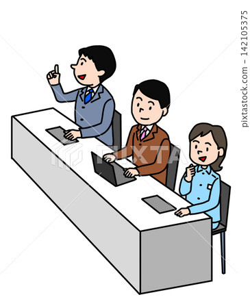 An illustration of three business people asking questions and speaking at a meeting or seminar. An illustration of three business people asking questions and speaking at a meeting or seminar. 142105375